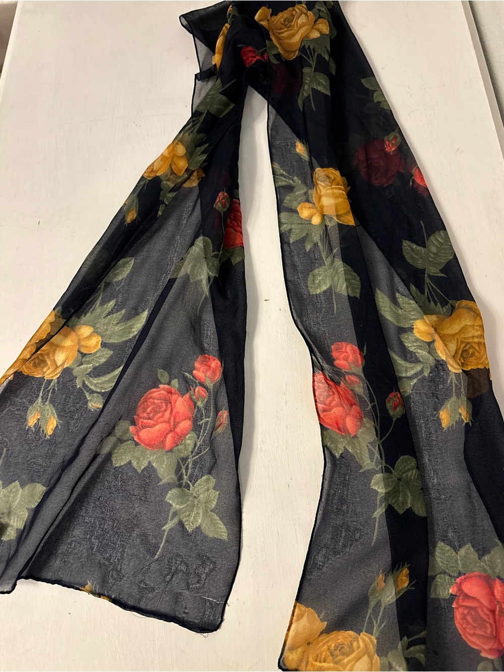 Vintage Jaclyn Smith sheer polyester floral red yellow rose oblong scarf Italy